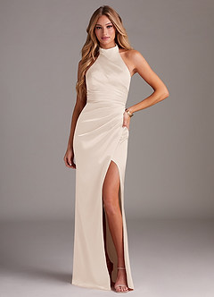 Azazie Jemma Brautjungfernkleider Etui Plissee Stretch-Satin Kleid Alabaster Weiß image1