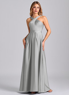 Azazie Dixie Bridesmaid Dresses Silver A-Line Pleated Stretch Satin Dress image4