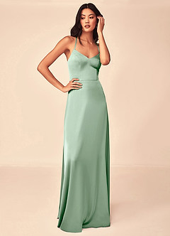Azazie Mei Bridesmaid Dresses Agave A-Line V-Neck Stretch Satin Dress image5