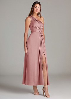 Azazie Brooke 신부 들러리 드레스 A라인 한쪽 어깨 스트레치 새틴 발목 길이 드레스 image4