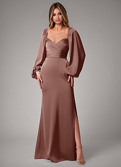 Azazie Sonata Bridesmaid Dresses Espresso Sheath Long Sleeve Stretch Satin Convertible Dress image3