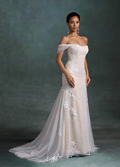 Azazie Ella At-home Try On Dresses Diamond White Champagne Mermaid Sweetheart Neckline Tulle Dress image2