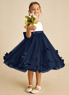 Azazie Sprout Flower Girl Dresses Dark Navy A-Line Bow Tulle Dress image2