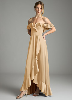 Azazie Lyra Bridesmaid Dresses Gold A-Line Off the Shoulder Stretch Satin Convertible Dress image7