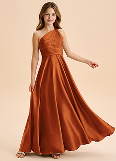 Azazie Charlize Junior Cinnamon A-Line Pleated Stretch Satin Dress image5