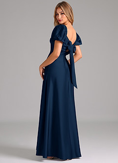 Azazie Fatima Bridesmaid Dresses Dark Navy A-Line Pleated Stretch Satin Dress image2