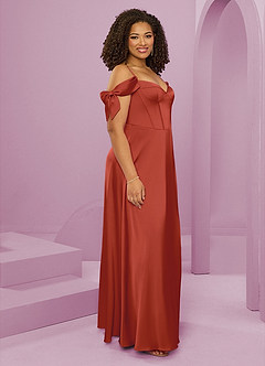 Barbie ♥ Azazie Bridesmaid Dresses Rust A-Line Off the Shoulder Stretch Satin Dress image12