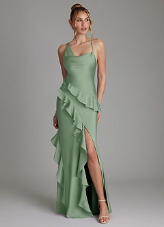 Azazie Jayda Robes de demoiselle d'honneur Robe Trapèze en Satin extensible Rayé Matcha image1