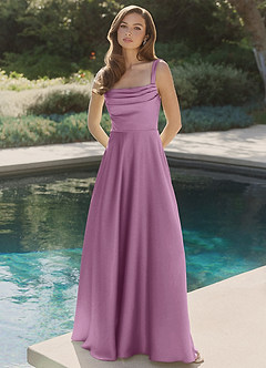Azazie Shaude Vestidos de damas de honor Vestido de Glicinia de Satén Elástico de Línea A con Plisado image4