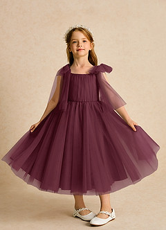 Azazie Dori Robe Demoiselle D'honneur Fillette Robe Trapèze en Tulle Rayé Cabernet image6
