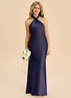 Azazie Chickie Junior Vestido de Tormenta de Satén Elástico de Corte Recto con Plisado image3