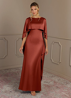 Azazie Eli Mother of the Bride Dresses Terracotta Sheath Boatneck Stretch Satin Dress image4
