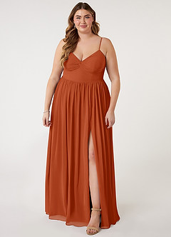 Azazie Zeya Robes de demoiselle d'honneur Robe Trapèze en Mousseline de soie Col V plissé Orange Brûlée image6