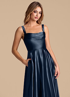 Azazie Shaude Bridesmaid Dresses Dark Navy A-Line Pleated Metallic Satin Dress image2