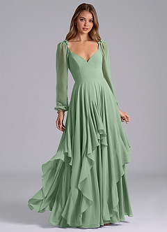 Azazie Karan Bridesmaid Dresses Matcha A-Line Long Sleeve Chiffon Dress image1