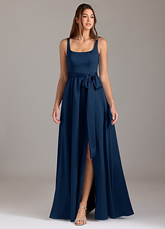 Azazie Elliott Bridesmaid Dresses Dark Navy A-Line with Pockets Stretch Satin Dress image3