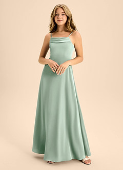 Azazie Anselie Junior Agave A-Line Off the Shoulder Stretch Satin Dress image3