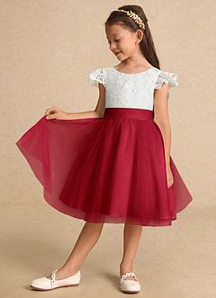 Azazie Vetty Flower Girl Dresses Ivory Scarlet A-Line Lace Tulle Dress image4