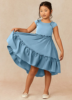 Azazie Lee vestidos de niña de las flores Vestido de Azul Acero de Satén Elástico de Corte En A con Lazo image1