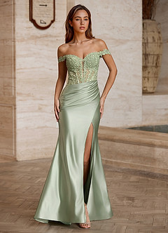 Wrentino Light Green Embroidered Appliqué Satin Prom Dress image3