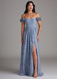 Azazie Autumn Bridesmaid Dresses Dusty Blue A-Line Off the Shoulder Floral Burnout Convertible Dress image5