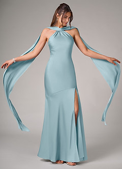 Azazie Kinsley Vestidos de damas de honor Vestido de Azul Malhumorado de Satén Elástico de Corte Sirena con Corte Lateral image2