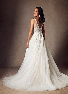 Azazie Joie At-home Try On Dresses Diamond White Champagne A-Line V-Neck Sequins Tulle Dress image2