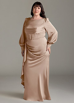 Azazie Raye Bridesmaid Dresses Taupe Mermaid Long Sleeve Stretch Satin Dress image10