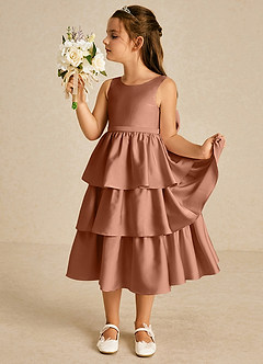 Azazie Margery Flower Girl Dresses Bronzer A-Line Bow Stretch Satin Dress image4