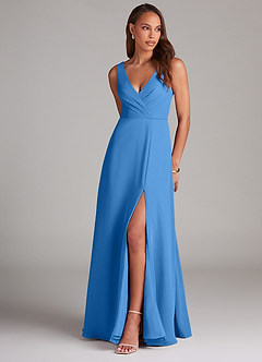 Azazie Nelly Robes de demoiselle d'honneur Robe Trapèze en Mousseline de soie Plissée Geai Bleu image1