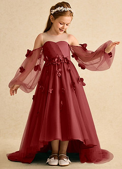 Azazie Karrie Flower Girl Dresses Rust A-Line with Sleeves Tulle Dress image4