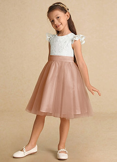 Azazie Vetty Flower Girl Dresses Ivory Champagne Rose A-Line Lace Tulle Dress image3