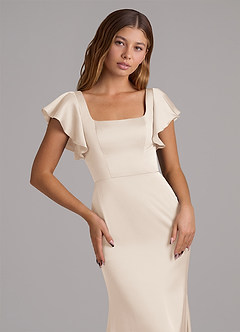 Azazie Elkie Robes de demoiselle d'honneur Robe Sirène en Satin extensible Col Carré Albâtre Blanc image6