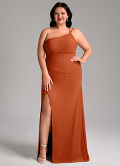 Azazie Eren Vestidos de madrinha de casamento Vestido Laranja Queimada de Chiffon de Bainha com Um ombro image8