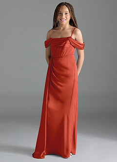 Azazie Amyra Junior Rust Sheath Off the Shoulder Stretch Satin Dress image4
