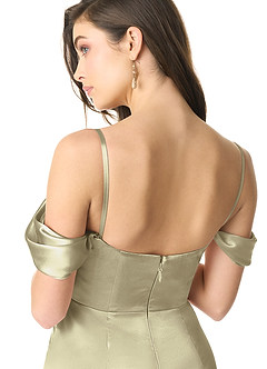 Azazie Liv At-home Try On Dresses Auburn Sheath Off the Shoulder Metallic Satin Convertible Dress image8