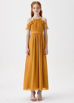 Azazie Chaya Junior Butterscotch A-Line Off the Shoulder Chiffon Dress image3