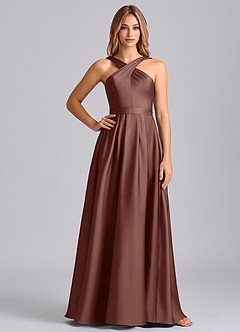 Azazie Dixie 신부 들러리 드레스 A라인 주름진 스트레치 새틴 바닥 길이 드레스 image3