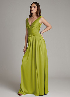 Azazie Pauline Bridesmaid Dresses Lemongrass A-Line Pleated Stretch Satin Dress image7