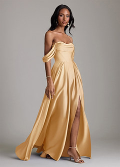 Azazie Loisa Abiti da Damigella Abito A-Line in Raso Elasticizzato a Spalla Scoperta Oro image6