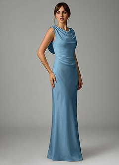 Azazie Kieryn Bridesmaid Dresses Steel Blue Mermaid Pleated Stretch Satin Dress image4
