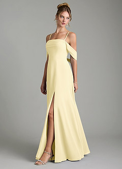 Azazie Mercedes At-home Try On Dresses Lemon Sorbet A-Line Off the Shoulder Chiffon Dress image4
