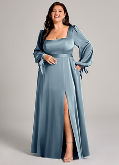 Azazie Leonia Robes de demoiselle d'honneur Robe Trapèze en Satin extensible Manche longue Bleu Poussiéreux image8