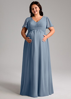 Azazie Verna Robes de demoiselle d'honneur de maternité Robe Trapèze Col V froncé Longueur ras du sol Mousseline de soie image11