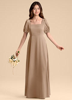 Azazie Briar Junior Taupe A-Line Bow Stretch Satin Dress image5