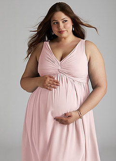 Azazie Yetta Maternity Bridesmaid Dresses A-Line V-Neck Gathered Chiffon Floor-Length Dress image6