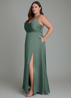 Azazie Sarella Robes de demoiselle d'honneur Robe Trapèze en Satin extensible Plissé Mousse De Mer image12