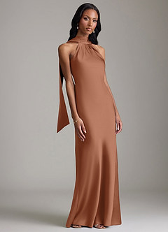 Azazie Cassiana Jurken voor bruidsmeisjes Jurk van Stretch Satijn met Zeemeermin Geplooid Bronzeertint image6