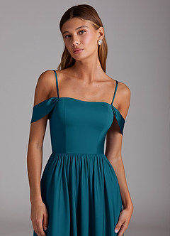 Azazie Calianna Robes de demoiselle d'honneur Robe Trapèze Convertible en Satin extensible Épaule décolletée Bleu Encre image2