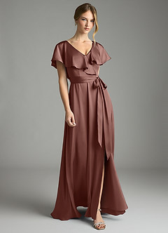 Azazie Lainey Bridesmaid Dresses Espresso A-Line with Pockets Stretch Satin Dress image1